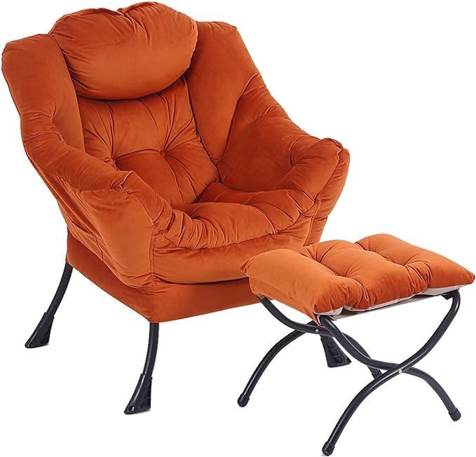 LITA Lazy Chair with Ottoman, Modern Lounge Accent Chair with Armrests and a Side Pocket, Leisure Upholstered Sofa Chair Set, Reading Chair with Footrest for Small Space, Corner Chair,Orange - LeafyLoom