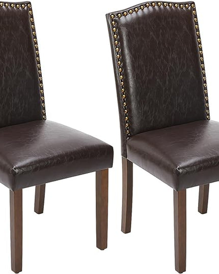 DUMOS Dining Chairs Set of 2, PU Leather Dining Room Chairs, Upholstered Parsons Chairs with Nailhead Trim & Wood Legs, Kitchen Side Chair for Dining Living Room,Bedroom - Brown - LeafyLoom