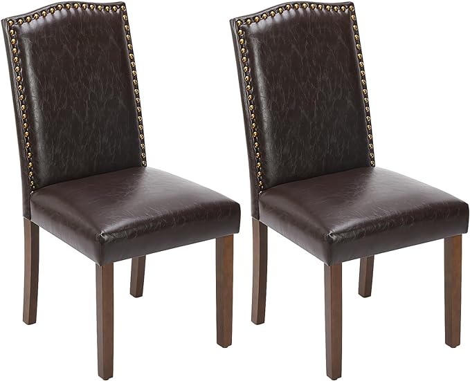 DUMOS Dining Chairs Set of 2, PU Leather Dining Room Chairs, Upholstered Parsons Chairs with Nailhead Trim & Wood Legs, Kitchen Side Chair for Dining Living Room,Bedroom - Brown - LeafyLoom