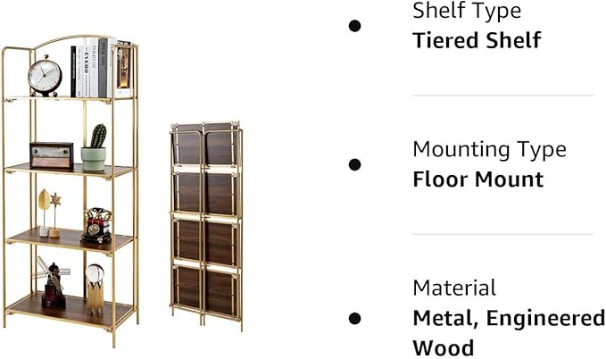 No Assembly Folding Bookshelf, 4 Tier Gold Bookshelf, Metal Book Shelf for Storage, Folding Bookcase for Office Organization and Storage, 12.6" D x 22.44" W x 55.51" H - LeafyLoom