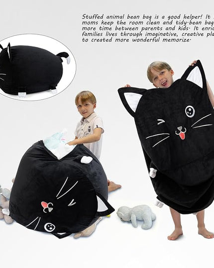 Black Cute Cat Toy Organizers Stuffed Animal Storage Bean Bag Chair for Boys and Girls, Home Game & Recreation Room Kids Furniture Beanbags - LeafyLoom