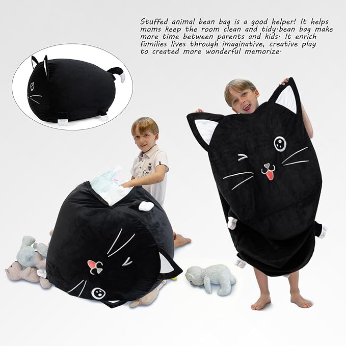 Black Cute Cat Toy Organizers Stuffed Animal Storage Bean Bag Chair for Boys and Girls, Home Game & Recreation Room Kids Furniture Beanbags - LeafyLoom