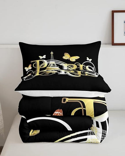 Eiffel Tower Comforter Chic Paris Theme Bedding Set for Kids Boys Girls Butterfly Paris Cityscape Printed Comforter Set Modern French Style Duvet Set Golden Black Bedroom Decor Quilt Set Full Size - LeafyLoom