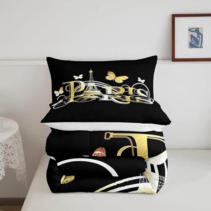 Eiffel Tower Comforter Chic Paris Theme Bedding Set for Kids Boys Girls Butterfly Paris Cityscape Printed Comforter Set Modern French Style Duvet Set Golden Black Bedroom Decor Quilt Set Full Size - LeafyLoom