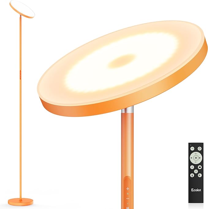LED Floor Lamp, 30W/2500LM Super Bright Standing Light, Modern Torchiere Sky Lamp with 4 Color Temperatures, Remote & Touch Control, Corner Lighting for Living Room, Bedroom, Office, Orange - LeafyLoom