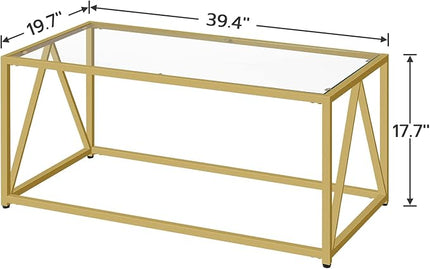 HOOBRO Glass Coffee Table, Gold Coffee Tables for Living Room, Gold Glass Coffee Table,1 Layer Center Table, Modern, for Apartment, Office, 39.4 x 19.7 x 17.7 Inches, Easy Assembly, Golden GD04KF01 - LeafyLoom