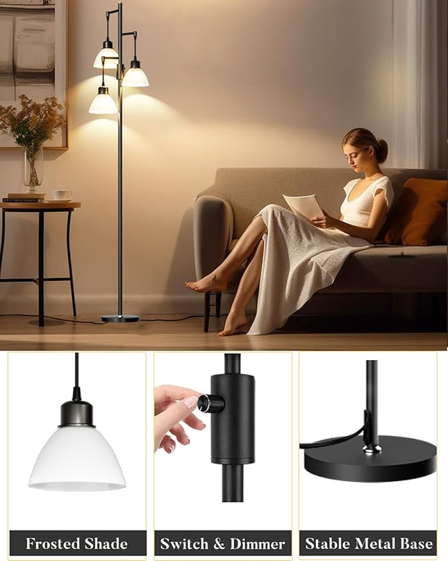 Lightdot 67IN Dimmable (Brightness Adjustable) Tree Floor Lamp, Industrial Standing Lamps with E26 LED Bulbs Included, 3 Lights Black Pole Tall Lamps for Living Room Bedroom Office - LeafyLoom