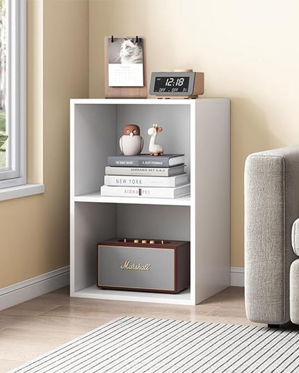 Basic Open Shelf Bookcase - 2-Tier Small Tiny Wooden Cube Storage Shelves Split Bookshelf, White - LeafyLoom