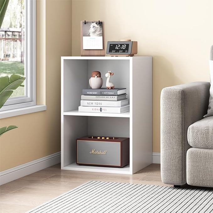 Basic Open Shelf Bookcase - 2-Tier Small Tiny Wooden Cube Storage Shelves Split Bookshelf, White - LeafyLoom