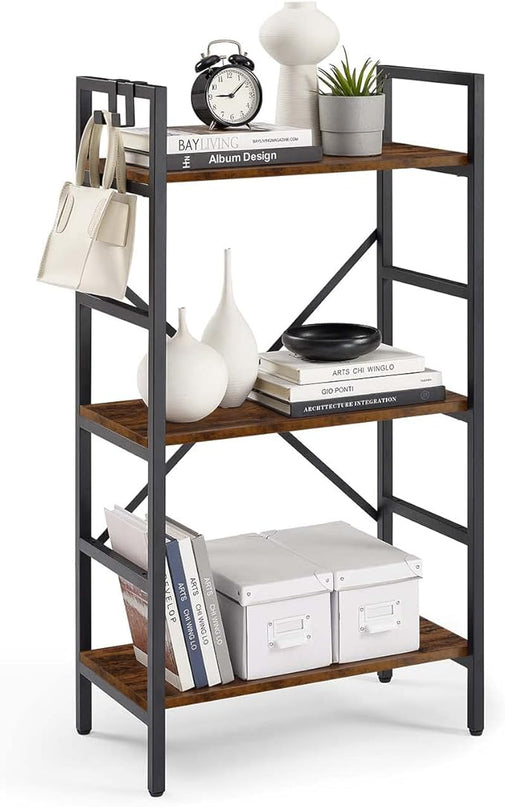 3 Tier Bookshelf, Bookcase Shelf Storage Organizer, Modern Book Shelf for Bedroom, Living Room and Home Office, Wood & Metal (Rustic Brown) - LeafyLoom