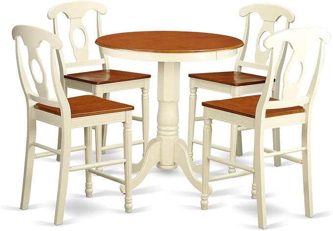 East West Furniture EDKE5-WHI-W Eden 5 Piece Kitchen Counter Set Includes a Round Room Table with Pedestal and 4 Dining Chairs, 30x30 Inch, Buttermilk & Cherry - LeafyLoom