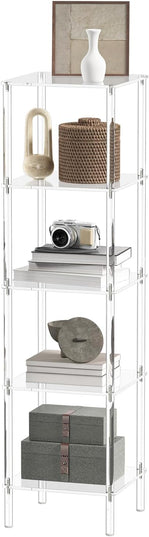 5 Tier Square Acrylic Bookshelf, Small Bookcase with Acrylic Fittings for Fixing to Wall, Corner Display Shelf for Living Room, Bedroom, Bathroom, Small Spaces, Clear, 11.6'' W x 44'' H - LeafyLoom