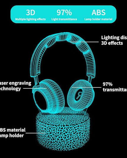 3D Headphone Night Light,3D Headset Illusion Lamp with 16 Colors Changes and Remote Control,Bedroom Decor, Table Lamp for Family, Friends - LeafyLoom