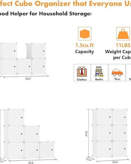 C&AHOME Cube Storage Organizer with Doors, 6-Cube Shelves, Closet Cabinet, DIY Plastic Modular Bookshelf Ideal for Bedroom, Living Room, 36.6”L x 12.4”W x 36.6”H Milky USHS3006M-DOOR - LeafyLoom