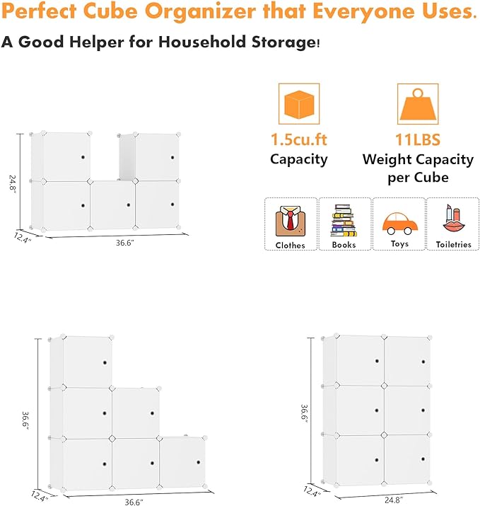 C&AHOME Cube Storage Organizer with Doors, 6-Cube Shelves, Closet Cabinet, DIY Plastic Modular Bookshelf Ideal for Bedroom, Living Room, 36.6”L x 12.4”W x 36.6”H Milky USHS3006M-DOOR - LeafyLoom