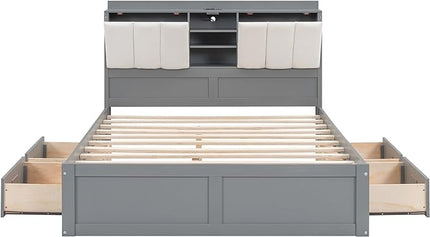 Wood Full Size Platform Bed with Storage Headboard and 4 Drawers, Gray - LeafyLoom