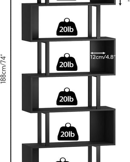 Yusong S Shaped Bookshelf, Modern Geometric Bookcase, 6-Tier Black Display Case Book Shelf - LeafyLoom