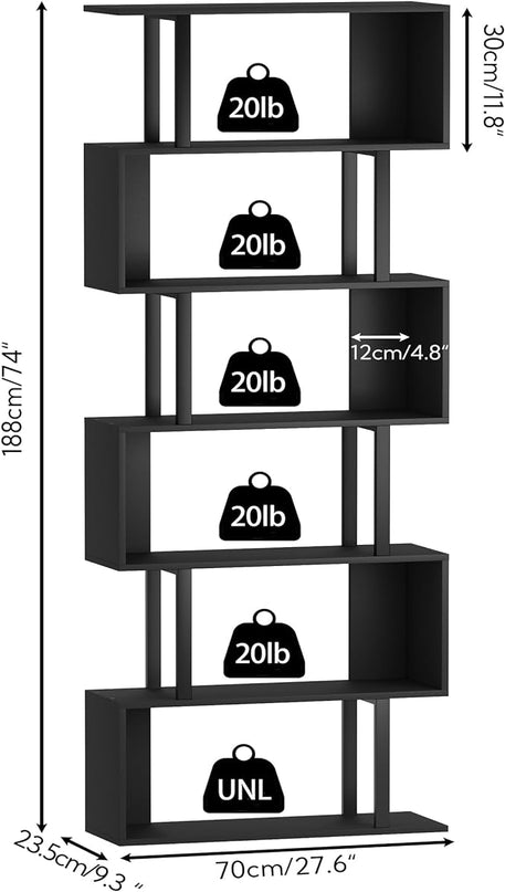 Yusong S Shaped Bookshelf, Modern Geometric Bookcase, 6-Tier Black Display Case Book Shelf - LeafyLoom