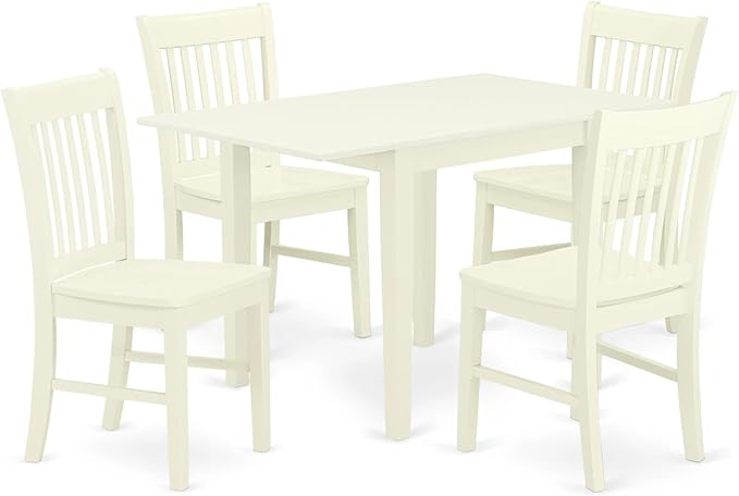 East West Furniture NDNO5-LWH-W Norden 5 Piece Dinette Set for 4 Includes a Rectangle Table with Dropleaf and 4 Dining Room Chairs, 30x48 Inch, Linen White - LeafyLoom