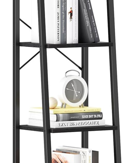 Ladder Shelf, Bookshelf Bookcase, Freestanding Corner Storage Shelve with 2 Hooks for Home Office, Living Room, Kitchen, Bedroom, Industrial, 6-Tier Black BC13304B - LeafyLoom