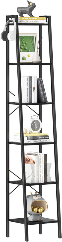 Ladder Shelf, Bookshelf Bookcase, Freestanding Corner Storage Shelve with 2 Hooks for Home Office, Living Room, Kitchen, Bedroom, Industrial, 6-Tier Black BC13304B - LeafyLoom