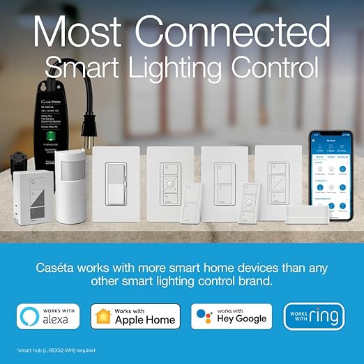 Lutron Caseta Smart Lamp Dimmer 3-Way Kit and Pico Remote, for Floor and Table Lamps, for Dimmable LED Lights, 100 Watt, Single-Pole/3-Way, P-PKG1P-WH Lutron