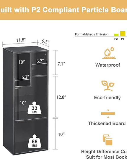 VECELO 3-Tier Small Bookcase, 4 Cube Bookshelf with Height Difference Shelves for Most Books, Modern Floor Standing Unit, Each Shelf Hold Up to 66 LBS for Living Room Bedroom, Vintage Black - LeafyLoom