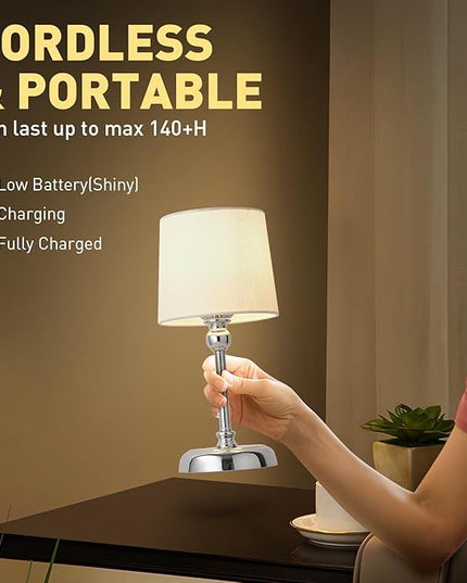 Cordless LED Table Lamp, 6000mAh Rechargeable Bedside Night Lamp for Bedroom, Portable Touch Stepless Dimmable Battery Operated Lamp, Ambient Light for Patio Restaurant(Chrome S) - LeafyLoom