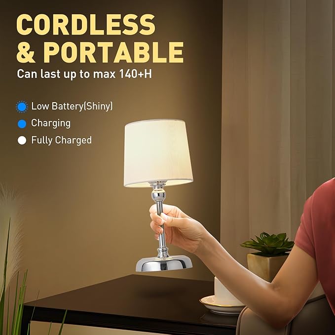 Cordless LED Table Lamp, 6000mAh Rechargeable Bedside Night Lamp for Bedroom, Portable Touch Stepless Dimmable Battery Operated Lamp, Ambient Light for Patio Restaurant(Chrome S) - LeafyLoom