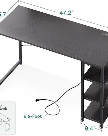 AODK Laptop Desk Office Desk, 48 Inch Computer Desk with Power Outlet and USB & Type-C Charging Port, Writing Desk with 3-Tier Reversible Storage Shelf for Home Office, 48'' x 16'', Black - LeafyLoom