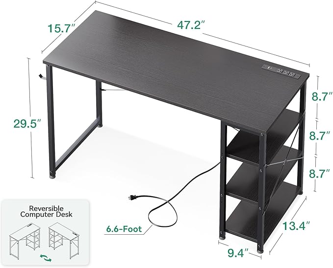 AODK Laptop Desk Office Desk, 48 Inch Computer Desk with Power Outlet and USB & Type-C Charging Port, Writing Desk with 3-Tier Reversible Storage Shelf for Home Office, 48'' x 16'', Black - LeafyLoom