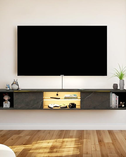 Pmnianhua LED Floating TV Stand with 2 Drawers for 75 inch TV,70'' Floating TV Console with LED Lights,Floating Entertainment Shelf with Storage for Bedroom Playroom Living Room(Dark Grey) - LeafyLoom