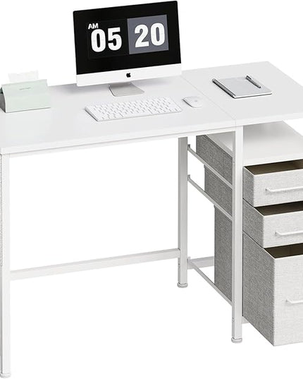 Ｍａｉｈａｉｌ Maihail Small Desk with Drawers, 40 inch Computer Desk with Shelves, Writing Desk with Storage, Small Office Desk with Metal Frame, White - LeafyLoom