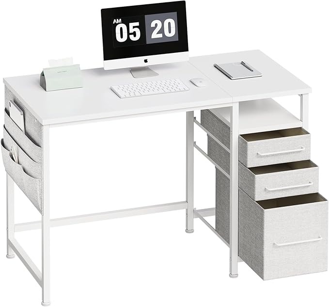 Ｍａｉｈａｉｌ Maihail Small Desk with Drawers, 40 inch Computer Desk with Shelves, Writing Desk with Storage, Small Office Desk with Metal Frame, White - LeafyLoom