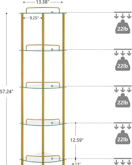 5-Tier Corner Shelf Stand, Gold Corner Bookshelf, Bathroom Organizer, Plant Stand, Tempered Glass Shelves, Modern Style for Living Room, Bedroom, Kitchen, Home Office, Metallic Gold - LeafyLoom
