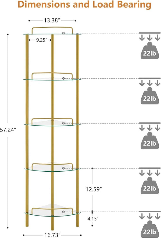 5-Tier Corner Shelf Stand, Gold Corner Bookshelf, Bathroom Organizer, Plant Stand, Tempered Glass Shelves, Modern Style for Living Room, Bedroom, Kitchen, Home Office, Metallic Gold - LeafyLoom