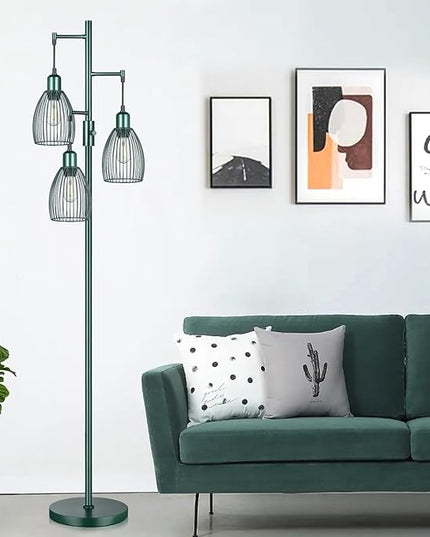 Dimmable Industrial Floor Lamps for Living Room, Green Tree Standing Tall Lamps with 3 Elegant Teardrop Cage Head & 800 Lumens LED Bulbs for Bedroom Office - LeafyLoom