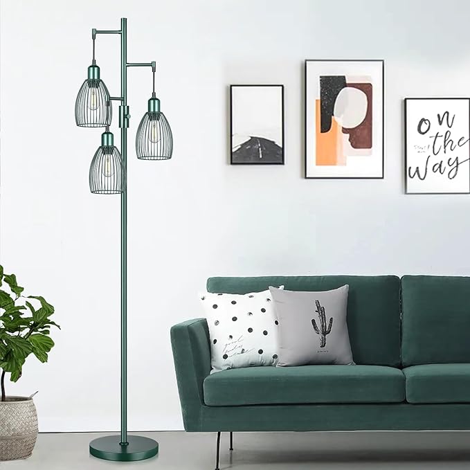 Dimmable Industrial Floor Lamps for Living Room, Green Tree Standing Tall Lamps with 3 Elegant Teardrop Cage Head & 800 Lumens LED Bulbs for Bedroom Office - LeafyLoom