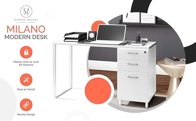 Milano Home Office Desk - 47 Inch White/White Home Office Desk with Drawers - Modern Computer Desk with Storage, Detachable & Lockable Computer Cabinet - Wooden Office, Study, and Writing Table - LeafyLoom