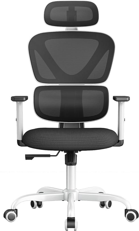 Sytas Ergonomic Office Chair, High Back Mesh Desk Chair with Lumbar Support and Adjustable Headrest, Executive Swivel Computer Chair for Home Office, Tilt Function, White - LeafyLoom