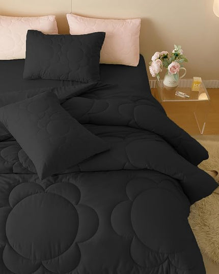 Black Flower Comforter Full Black Flower Print Bed Full Comforter Set 3 Pieces Dark Black Floral Comforter Set for Boys Girls Teens Bedroom Decor All Season Hotel Quality Comforter Set - LeafyLoom