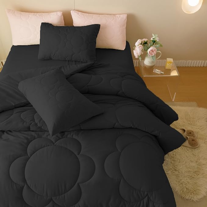 Black Flower Comforter Full Black Flower Print Bed Full Comforter Set 3 Pieces Dark Black Floral Comforter Set for Boys Girls Teens Bedroom Decor All Season Hotel Quality Comforter Set - LeafyLoom