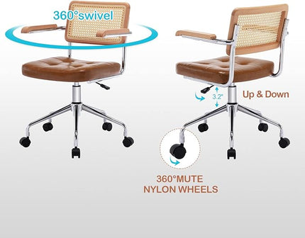 Zesthouse Modern Home Office Chair Leather Desk Chair with Natural Rattan Back, Vanity Chair for Girls Women, Upholstered Tufted Swivel Armchair, Height Adjustable Computer Task Chair - LeafyLoom