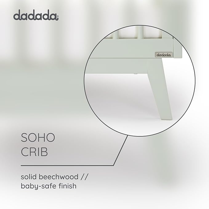dadada Baby Soho 3-in-1 Convertible Crib to Toddler Bed – Wooden Crib Made in Italy, GREENGUARD Gold Certified Small Baby Crib – Baby-Safe Finish, Modern Design (Sage) - LeafyLoom