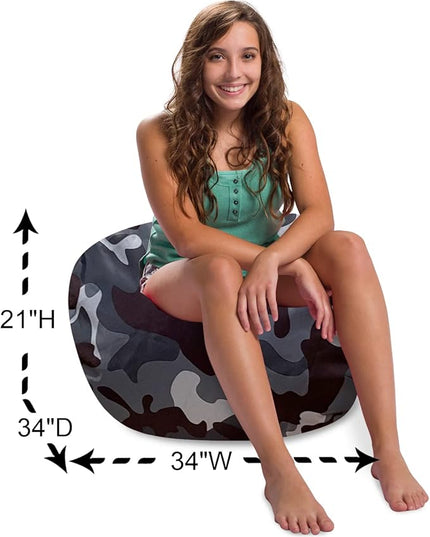 Posh Creations Structured Comfy Bean Bag Chair for Gaming, Reading and Watching TV, 100in Round Classic Chair, Nylon - Camo Dark and Black Gray - LeafyLoom