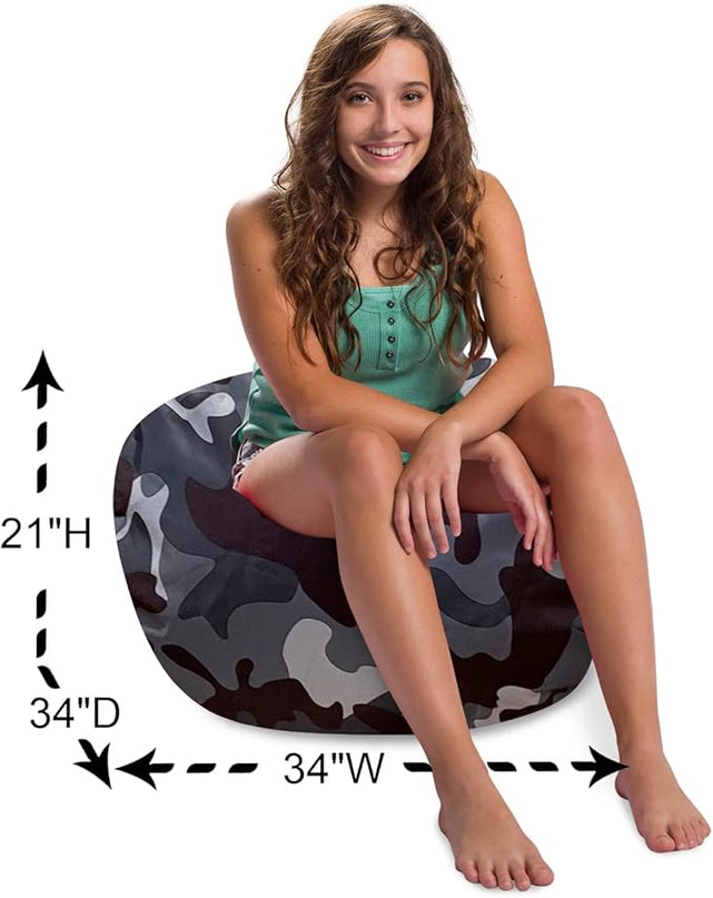 Posh Creations Structured Comfy Bean Bag Chair for Gaming, Reading and Watching TV, 100in Round Classic Chair, Nylon - Camo Dark and Black Gray - LeafyLoom
