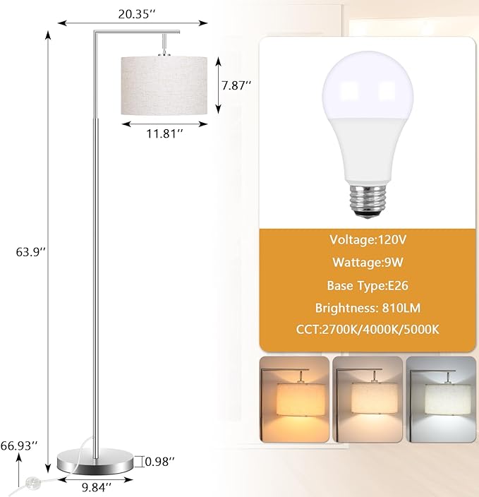 FAGUANGAO Silver Floor Lamp with 3 Color Tempratures LED Bulb, Modern Standing Lamp with Hanging Drum Shade for Living Room, Bedroom, Study Room, Office(Bulb Included) - LeafyLoom