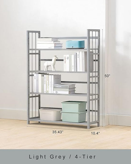 IOTXY Adjustable Bamboo Open Bookshelf - Large 4-Tier Free Standing Storage Rack, Multifunctional Display Stand for Bookcase, Home and Office, Light Grey - LeafyLoom