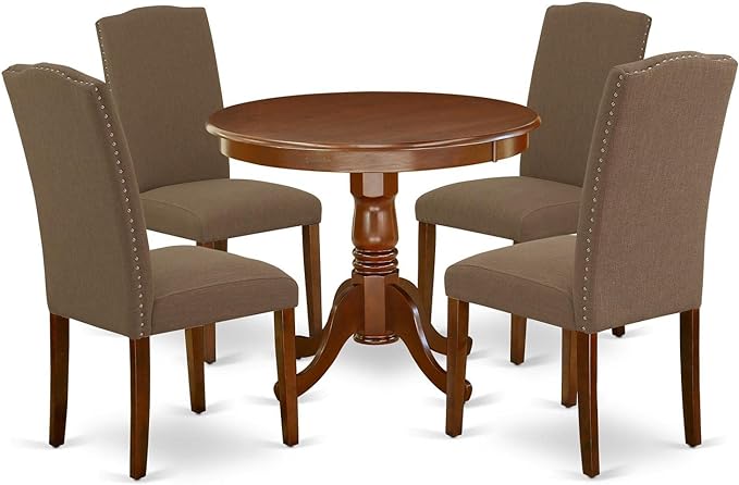 East West Furniture ANEN5-MAH-18 Antique 5 Piece Set for 4 Includes a Round Kitchen Table with Pedestal and 4 Dark Coffee Linen Fabric Parson Dining Chairs, 36x36 Inch - LeafyLoom
