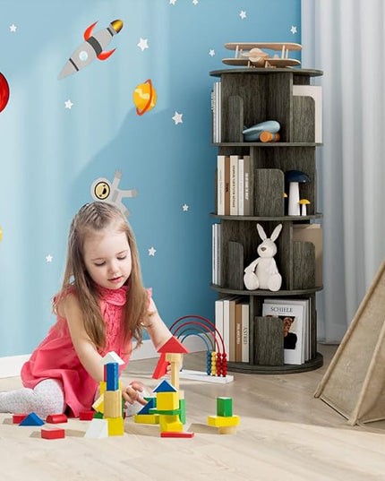 OTK Rotating Bookshelf, 360° Display Standing Book Shelf Organizer, 4 Tier Wooden Corner Bookshelves for Small Space, Small Bookcase Storage Rack for Kids' Room, StudyRoom, Bedroom, Black Oak - LeafyLoom